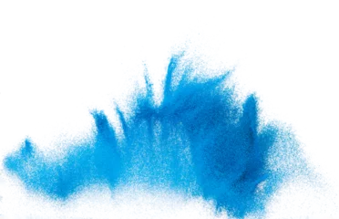 Foto op Aluminium Small size blue Sand flying explosion, Ocean sands grain wave explode. Abstract cloud fly. Blue colored sand splash throwing in Air. White background Isolated high speed shutter, throwing freeze stop © Jade