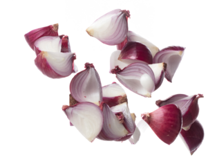 Shallots fall fly in mid air, red fresh vegetable spice shallots onion floating. Organic fresh herbal shallots root head cut chop slice. White background isolated freeze motion high speed shutter