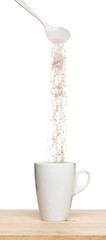 3 in 1 instant coffee powder mixed fly fall in cup, 3 in 1 instant coffee for fast easy float in air. 3 in 1 instant coffee throw in mid air. White background isolated high speed freeze motion