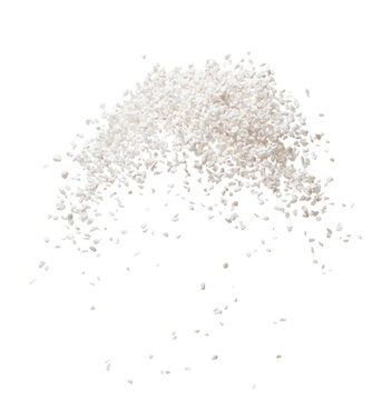 Perlite rock flying explosion, perlite white stone fall down abstract garden decorate. Perlite volcano stone splash throwing in Air. White background Isolated high speed shutter, freeze action