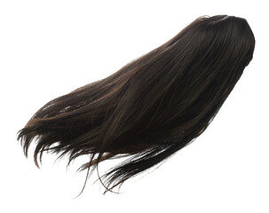 Long straight Wig hair style fly fall explosion. Black woman wig wave hair float in mid air. Straight black curl wig hair wind blow cloud throw. White background isolated high speed freeze motion
