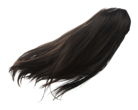 Long straight Wig hair style fly fall explosion. Black woman wig wave hair float in mid air. Straight black curl wig hair wind blow cloud throw. White background isolated high speed freeze motion