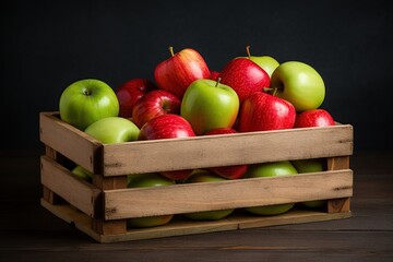 Red and green apples in wooden box, black background