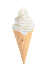 Tasty ice cream in waffle cone isolated on white. Soft serve