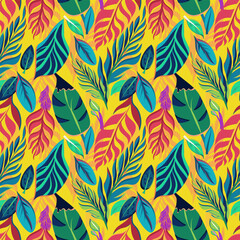 Trend seamless pattern wallpaper with colorful tropical leaves and plants on yellow background. Vector design. Jungle print. Floral background. Printing and textiles. Exotic tropics. Fresh design