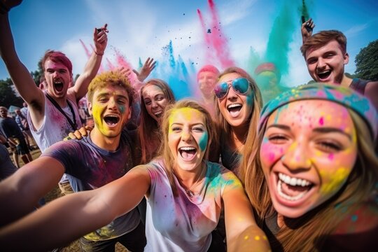 crowded group of young people dancing cheering and celebrating on a summer festival outside in the day time. laughig screaming and being happy and having fun. holi fest colorful splashes.Generative AI
