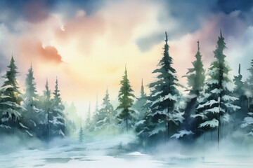 Fototapeta na wymiar Watercolor spruce tree in the winter forest with snowfall Generative AI