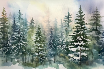 Watercolor spruce tree in the winter forest with snowfall Generative AI