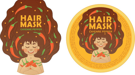 Natural hair product package design, cute woman with brown dark hair treating with cayenne pepper extract ingredient vector illustration, organic cosmetics round label, freah therapy mask collection