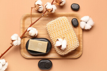 Composition with soap bar, bath sponge, spa stones and cotton branch on color background