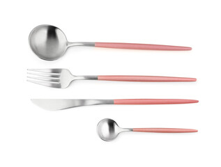 Stainless steel set of cutlery with pink handles on white background