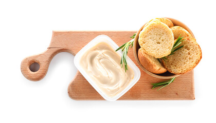 Plastic container with tasty cream cheese and bread on white background