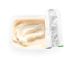 Plastic container with tasty cream cheese on white background