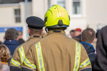 rear view of UK fireman