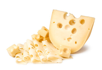 Piece with cubes and slices of Swiss cheese on white background