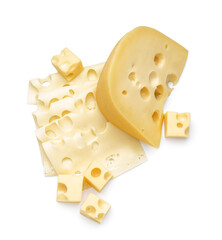Piece with cubes and slices of Swiss cheese on white background