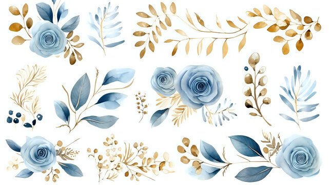 Watercolor design elements dusty blue gold rose flowers, leaves, eucalyptus, branches set for wedding stationary, invitation card, greeting, wallpaper, fashion, botanical illustrations. generative ai