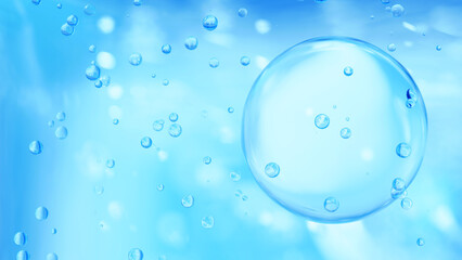 水色背景に複数の気泡。3d。（横長）
