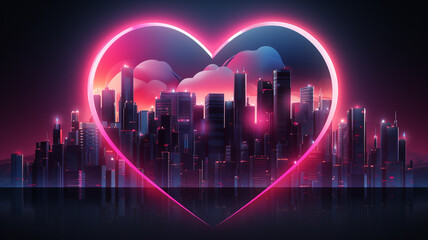 Retrowave Herz Symbol mit City in Neonfarben. Synthwave, Futuresynth, Outrun. Querformat. Generative Ai.