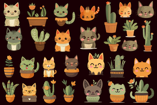 set of funny cartoon cats with cactus.