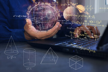 Scientist holding world and surrounding it with physics or mathematical equations showing ideas for solving problems or developing new things. innovation concept.
