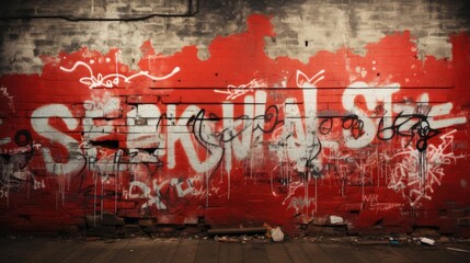 brick wall graffitied with typography