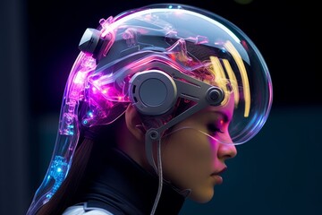 Woman in a cyberpunk helmet with a sleek, aerodynamic shape, adorned with luminescent patterns reminiscent of circuitry,