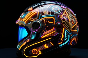 cyberpunk helmet featuring a geometric pattern of circuitry lines glowing in vibrant neon colors against a dark backdrop, inspired by the digital realm