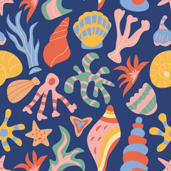 Retro summer pattern with marine theme sea shells