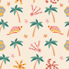 Retro summer pattern with marine theme sea shells - 617212014