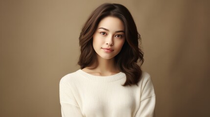 Obraz premium A portrait of a young woman in a white sweater standing in front of a neutral colored background, with a relaxed and content expression on her face.
