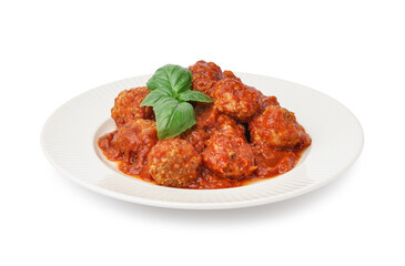 Plate of tasty meat balls with sauce on white background