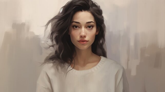 Oil painting, portrait of a young woman in a white sweater.