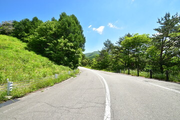 Fototapeta na wymiar 真夏日、よく晴れた日の日本の田舎の道路