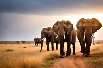 Fototapeta na wymiar herd of elephants at sunset generated by AI tool 