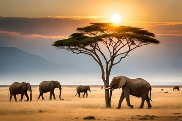 Naklejka na ściany i meble elephants at sunset in continent generated by AI tool 