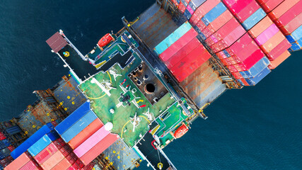 Aerial stern view Cargo Ship carrying container and running for export goods from cargo yard port...