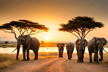 Fototapeta na wymiar elephants at sunset generated by AI tool 