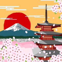 Mount Fuji in cherry blossom season near the pagoda