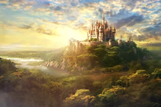 Artistic illustration of fantasy castle over mountain and waterfall, beautiful landscape