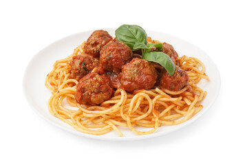 Plate of boiled pasta with tomato sauce and meat balls on white background