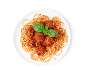 Plate of boiled pasta with tomato sauce and meat balls on white background