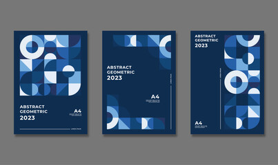 Bauhaus geometric pattern background, vector abstract circle, triangle and square lines art. Yellow, blue, red and green color, trendy Bauhaus pattern backgrounds set