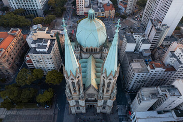 Beautiful aerial angle of the Sé Cathedral, Sao Paulo, Brazil