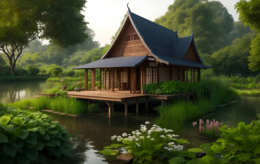 Fototapeta na wymiar A garden house in Thailand, Generative AI Illustration.