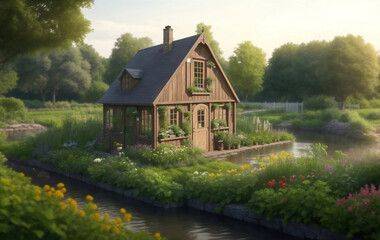 Fototapeta na wymiar A European garden house, Generative AI Illustration.