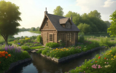 Fototapeta na wymiar A European garden house, Generative AI Illustration.