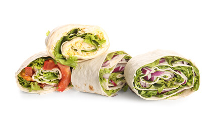 Tasty lavash rolls with vegetables and egg isolated on white background