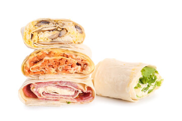 Tasty lavash rolls with sausages, egg and vegetables isolated on white background