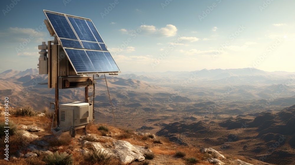 Poster solar powered wildlife monitoring system in a remote environment. created with generative ai technol